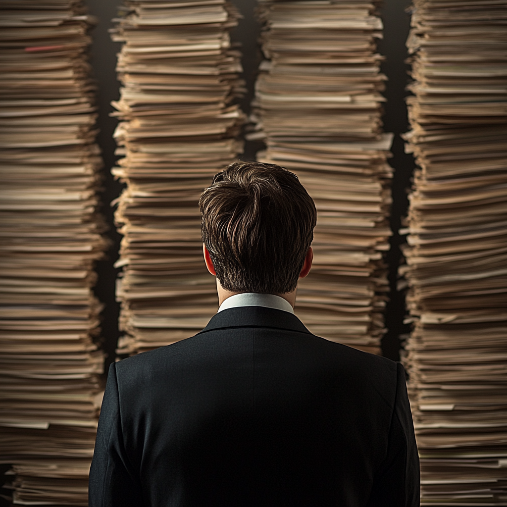 man in a business suit looking at stacks of paperwork