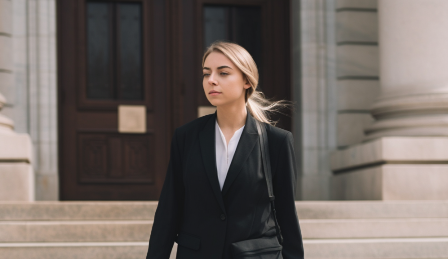 young female lawyer leaving the courthouse