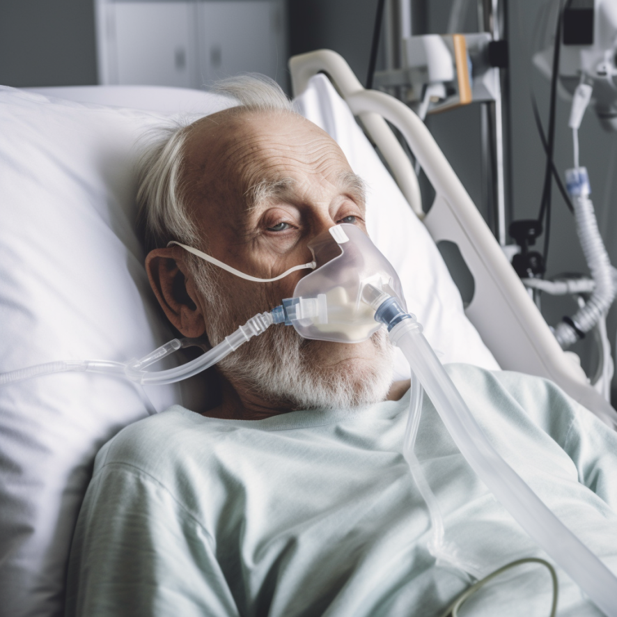 old man wearing oxygen mask in hospital bed