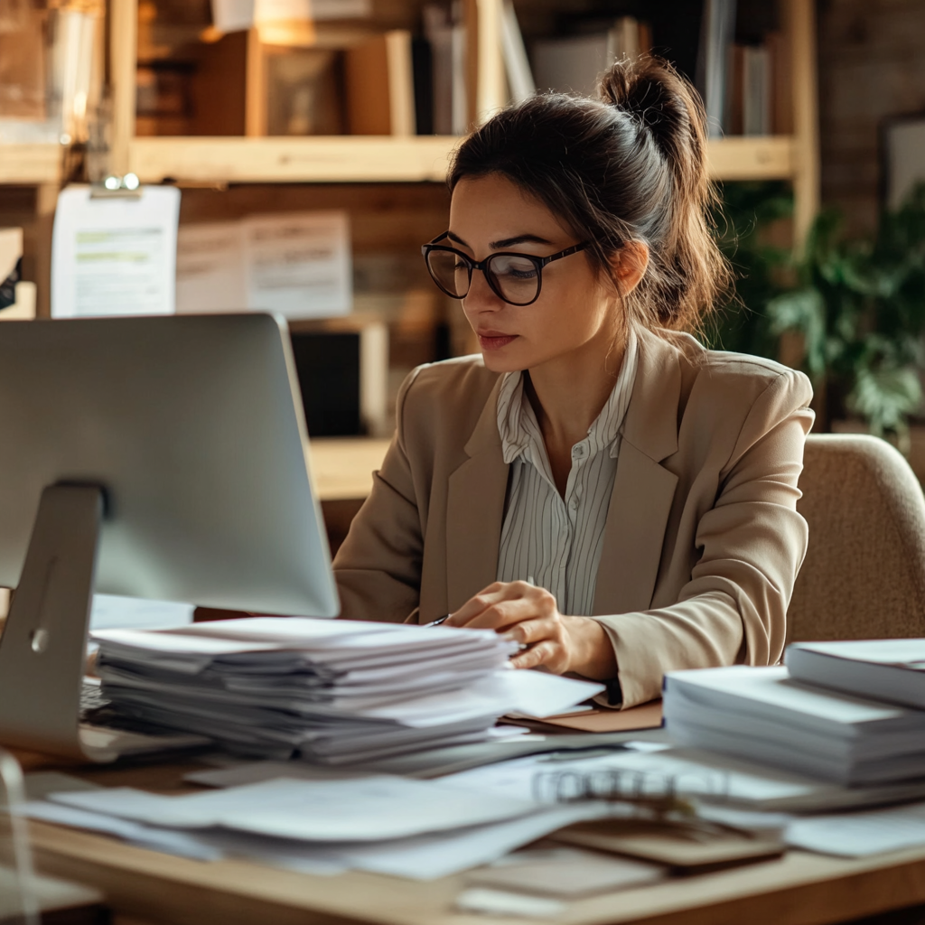 a woman dressed professionally sitting at a desk working on a computer