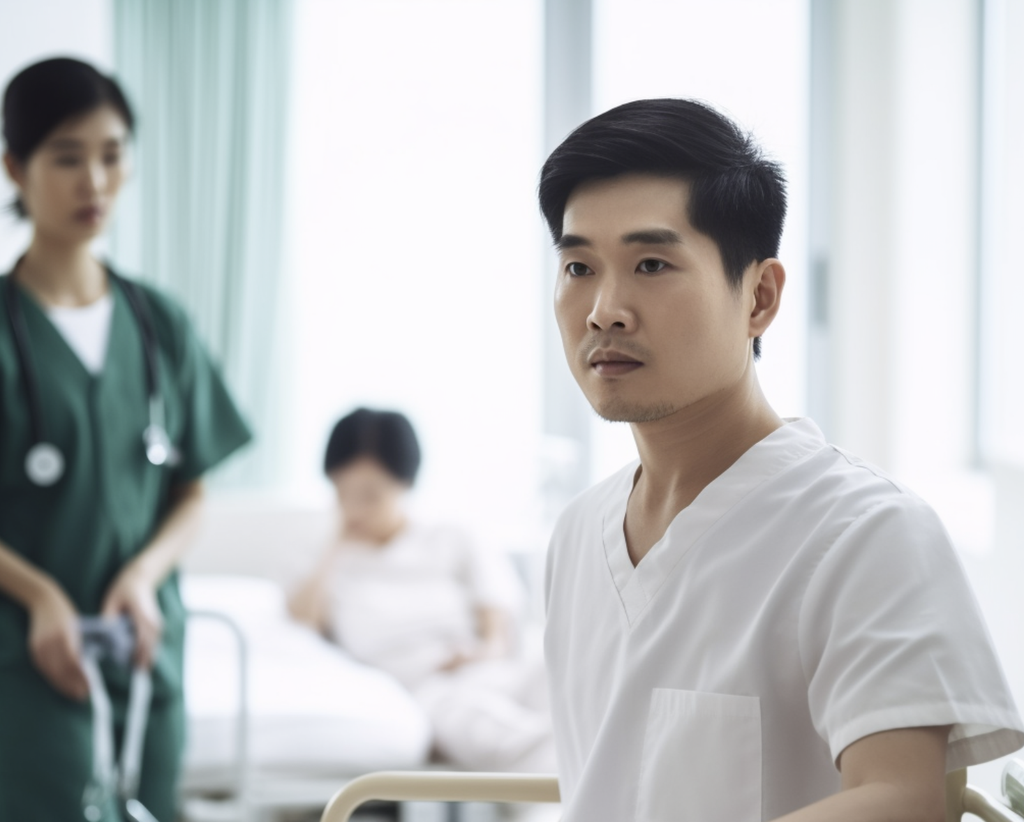 A man looks into the distance as a nurse walks by