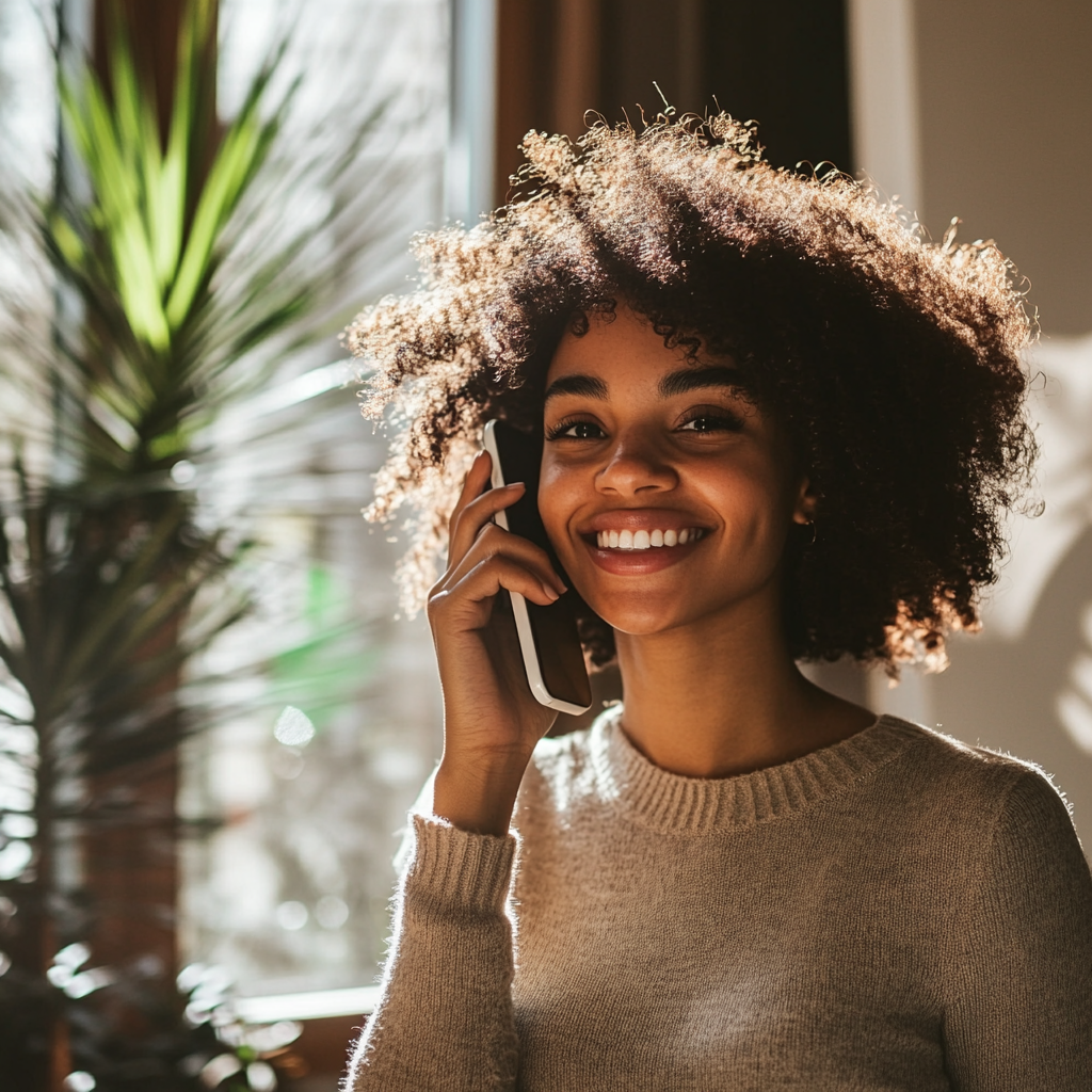 a woman smiling while talking on the phone